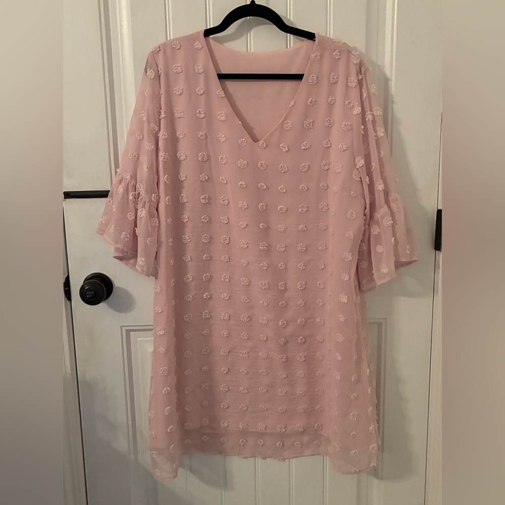 Pink Floral Textured V-Neck Dress with sheer overlay